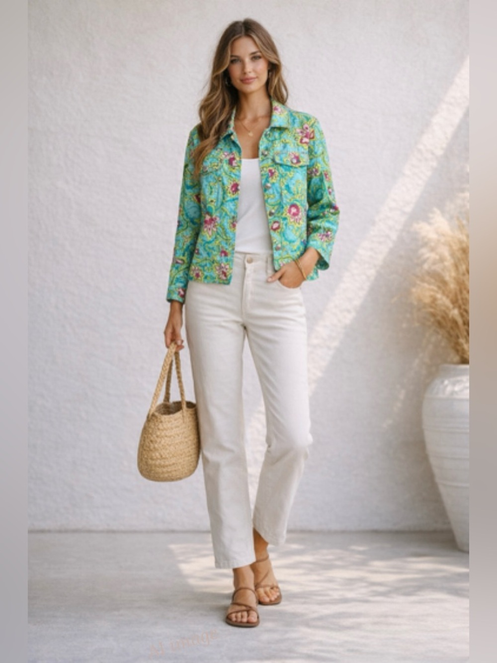 Anthro Lucy & Laurel Linen Floral Trucker Jacket 1X Turquoise Pink Boho